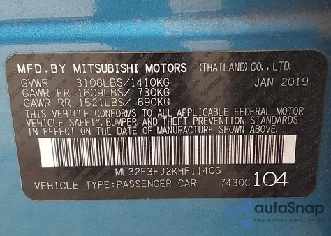 2019 Mitsubishi Mirage G4 Es from USA, damaged, VIN ML32F3FJ2KHF11406